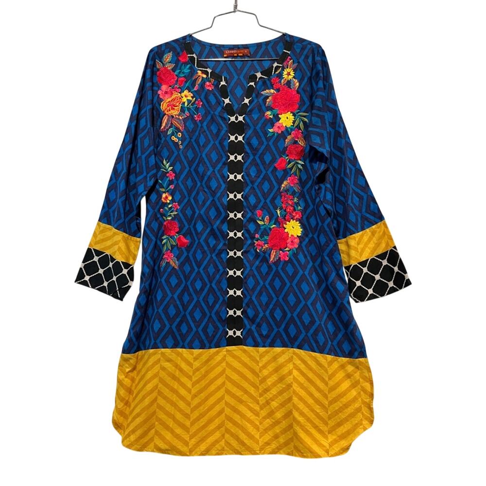 Khaadi Pret Blue Floral Embroidered Tunic with Yellow Hem